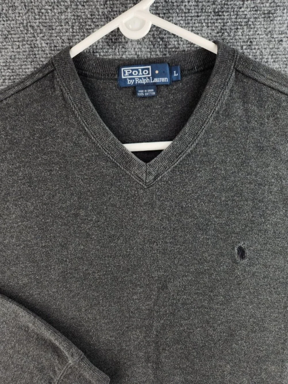 Polo Ralph Lauren Mediumweight Large Knit Gray Cotton V Neck Sweater Pony Logo